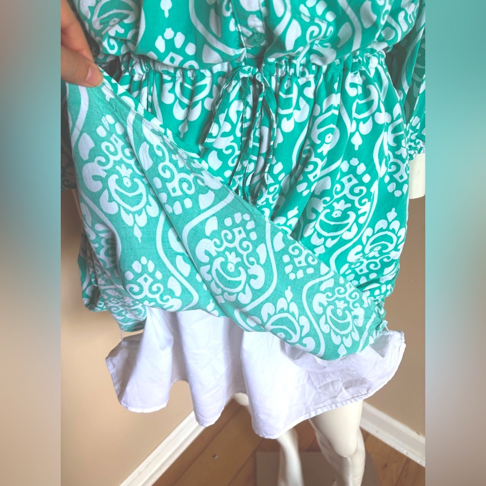 Crown & Ivy 3/4 Sleeve Button Down Drawstring Dress Teal Blue Green White Sz 16 - Picture 7 of 9